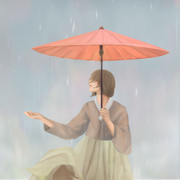 봄비 속 우산 쓴 소녀 일러스트,rainy memory