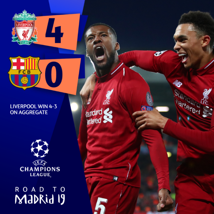  18-19챔피언스리그/리뷰,리포트/4강/최종,리버풀4-0바르셀로나/안필드완승/득점:오리기(2),바이날둠(2)/경기스탯/경기사진+영상/TheBestClubOnThePlanet.