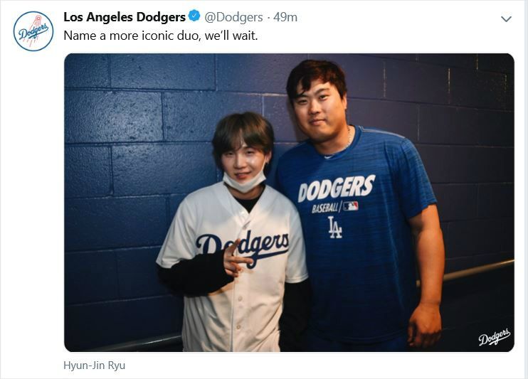  '완봉' 류현진과 BTS 슈가 만남에 MLB도 주목