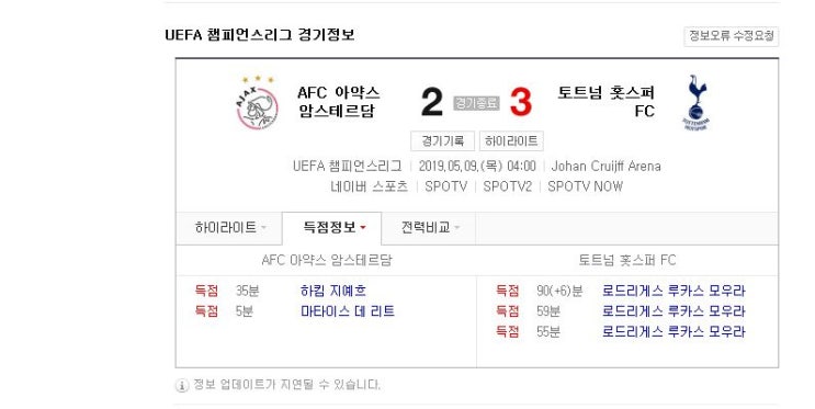  챔피언스리그 4강 토트넘 아약스 모우라 해트트릭~!