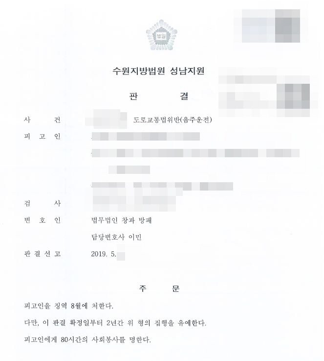  네번째 음주운전 징역형의 집행유예 선고 사례입니다