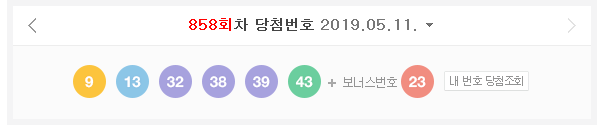  858회 로또당첨번호9.13.32.38.39.43 보너스 23