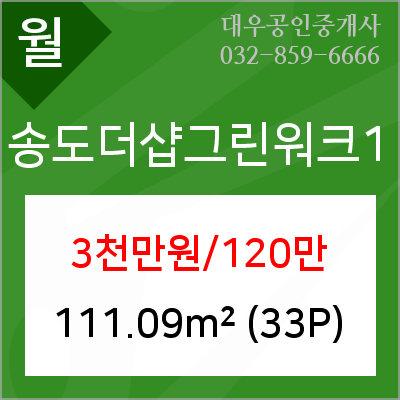  대우공인중개사,33평형,고층 월3천만/120만,송도더샵그린워크1,송도 부동산,송도동아파트