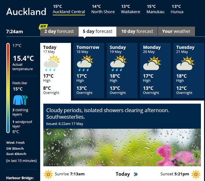 뉴질랜드 여행,2019년5월17일 주말 날씨 정보(오클랜드-퀸스타운-로토루아)