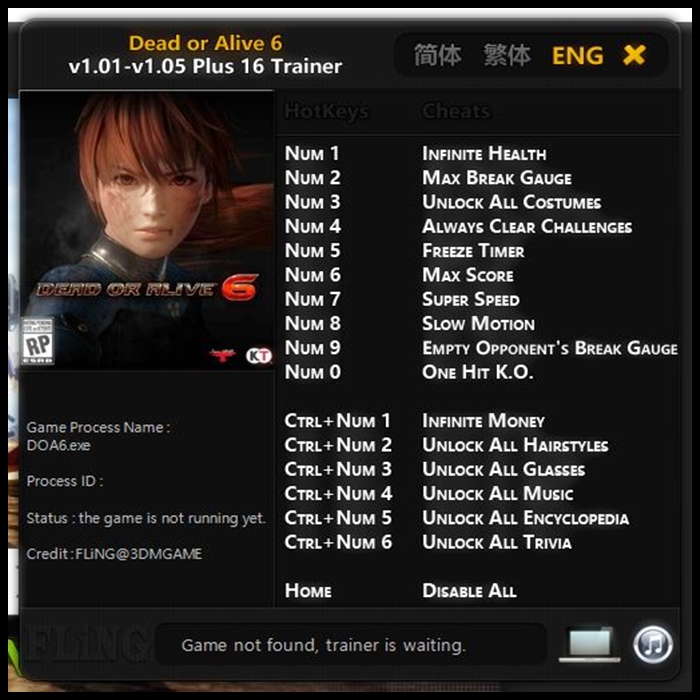  데드 오어 얼라이브 6 트레이너 v1.01-v1.05 (Dead or Alive 6 Trainer v1.01-v1.05 +16)