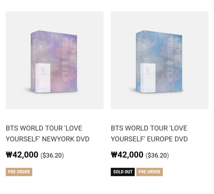  빅히트샵 유럽콘 DVD 품절