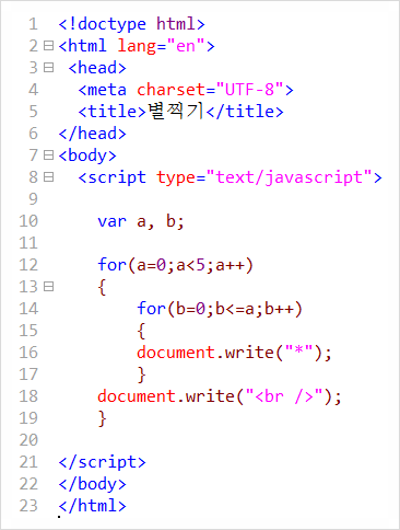 [HTML5] 자바스크립트 for문으로 직삼각형, X자 별찍기