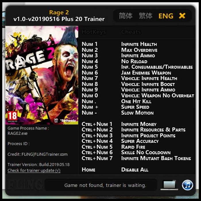  레이지2 트레이너 v1.0 +20 (Rage2 Trainer v1.0 +20) 190516