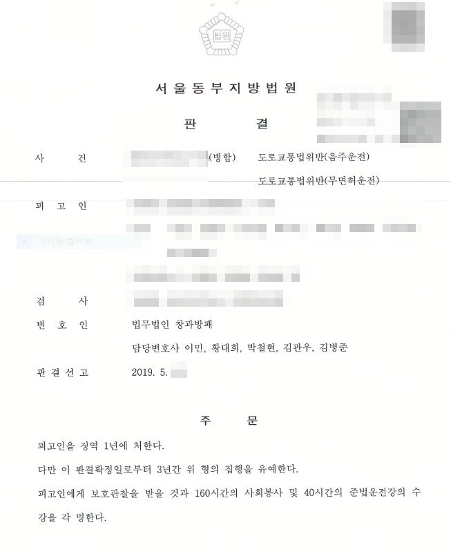  무면허음주운전 4, 5 회 병합 징역형의 집행유예 선고