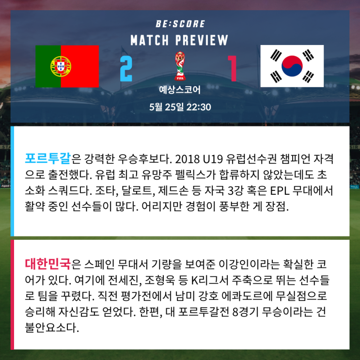  포르투갈 대한민국 5월 25일 U20 월드컵 경기분석 및 예상스코어