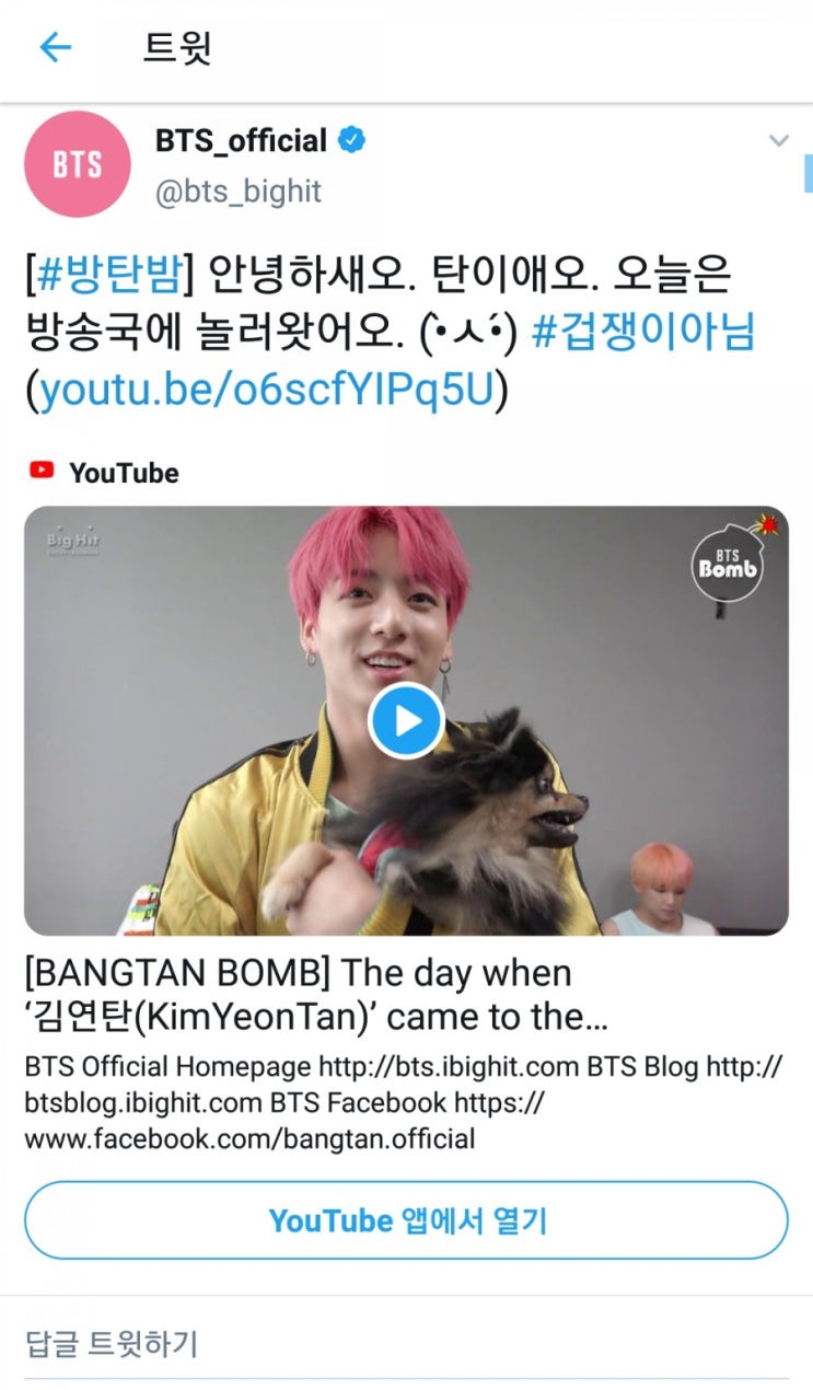  [190523 방탄밤] 음악중심 대기실 놀러간 연탄이(•̀ㅅ•́)(세상졸귀ㅠㅠ)