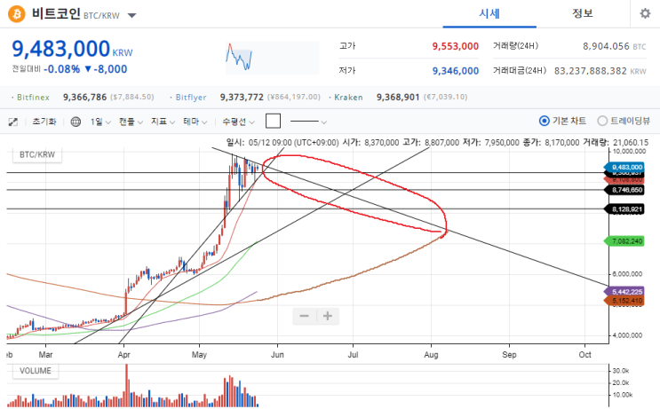 비트 코인 오후 차트 분석 19.5.24