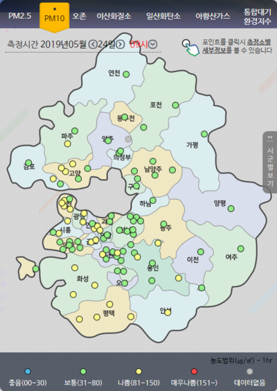  [오늘의 건강지수] 2019년 5월 24일 경기도 미세먼지농도, 천식가능지수, 자외선지수, 꽃가루예상치, 날씨와정보 