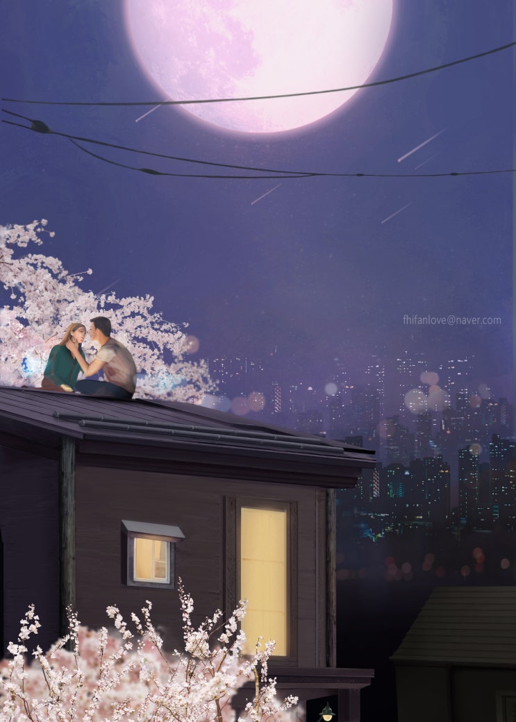  spring nocturne,봄밤 벚꽃과 달빛아래 연인 일러스트,야경일러스트