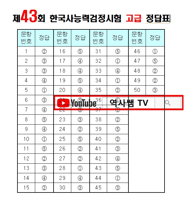  [정답] 한국사능력검정시험 고급 43회 