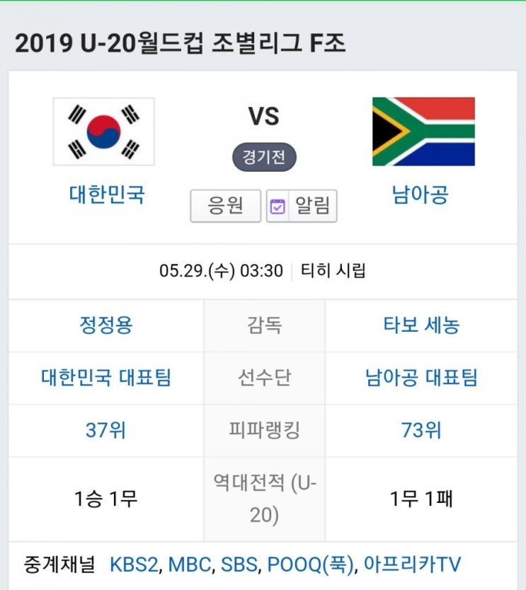 2019 폴란드 피파 U20 월드컵 한국 남아공 축구 경기 KBS2 MBC SBS TV 중계 해설 위원 피파랭킹 경기 예상 분석 결과 알아보자~!!
