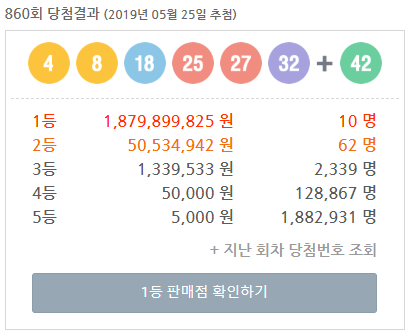  로또 860회 당첨번호 (4, 8, 18, 25, 27, 32 + 42) 1등 10게임 배출! (1등 당첨금 약 18억)