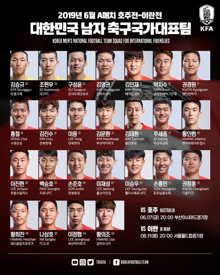  6월 A매치 호주-볼리비아전 대한민국 남자 축구 국가대표팀 명단 발표 :: 손흥민, 이승우, 백승호 발탁, 이강인 제외 / 호주-이란전 경기 일정 안내