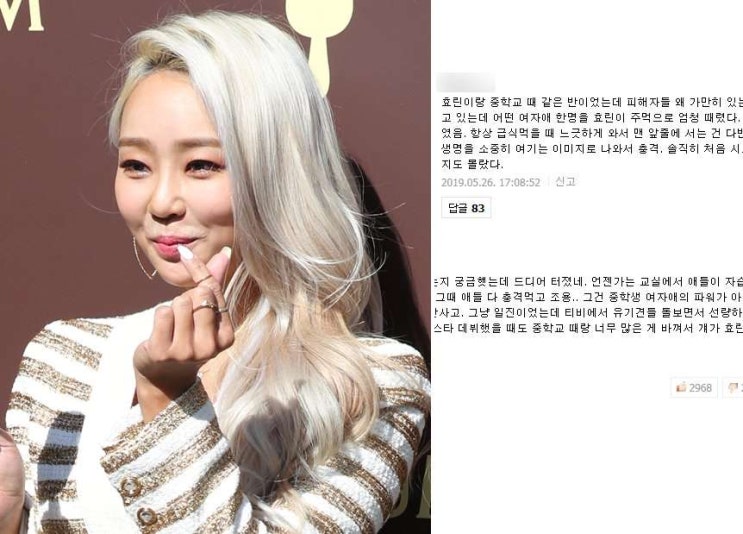  "XXX, 처맞을래"효린 학폭 폭로자 카톡 공개하자..."효린이 주먹으로 때려…여자의 힘이 아니었다" 또 다른 댓글