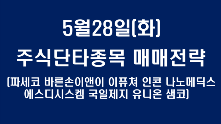  파세코 바른손이앤이 이퓨쳐 인콘 나노메딕스 에스디시스켐 국일제지 유니온 샘코 5월28일 매매전략
