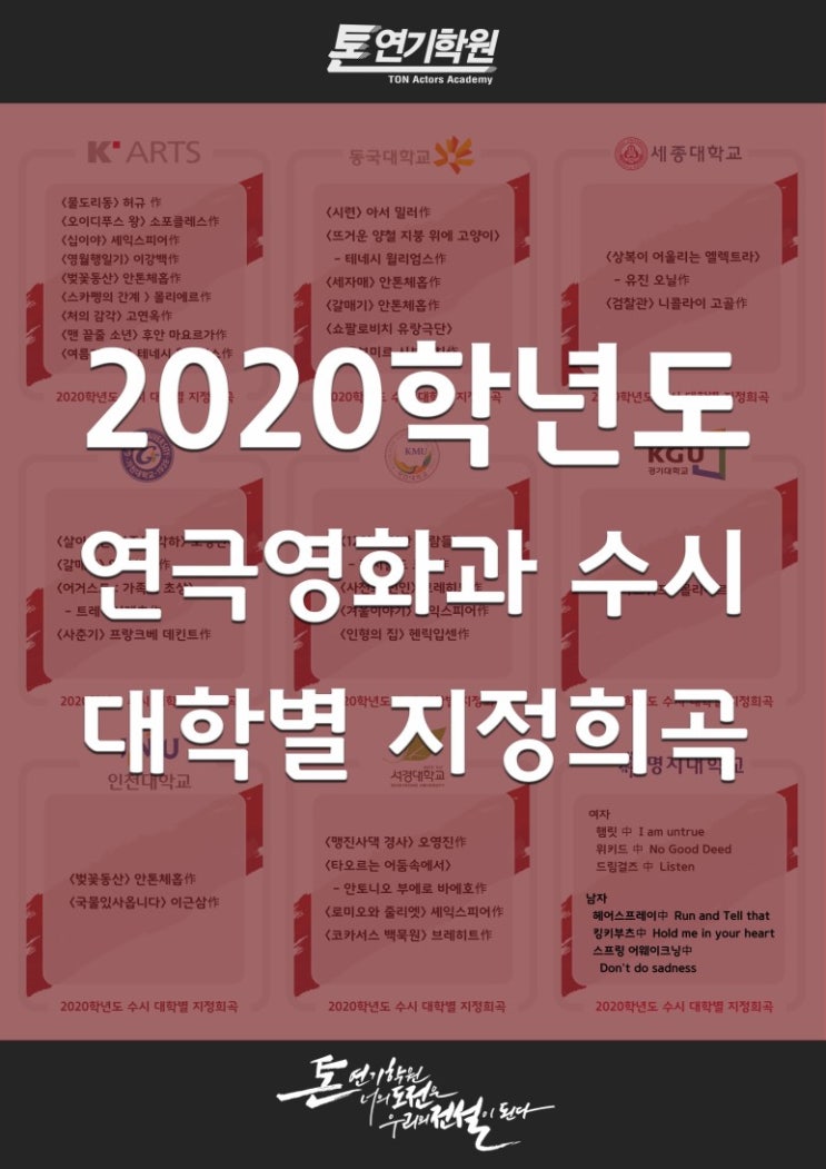 <연기학원-톤연기학원> 2020학년도 연극영화과 수시 대학별 지정희곡
