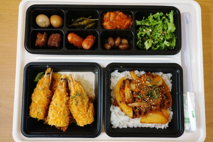  수원 아주대도시락 정성 가득한 서리담  도시락 포장 왕새우후라이 제육볶음 + 돈까스 간장삼겹
