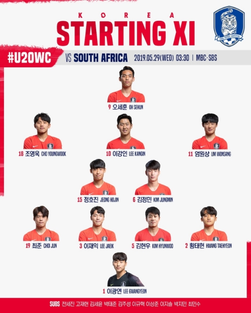 2019 FIFA U-20 월드컵 - 한국 남아공 선발 라인업