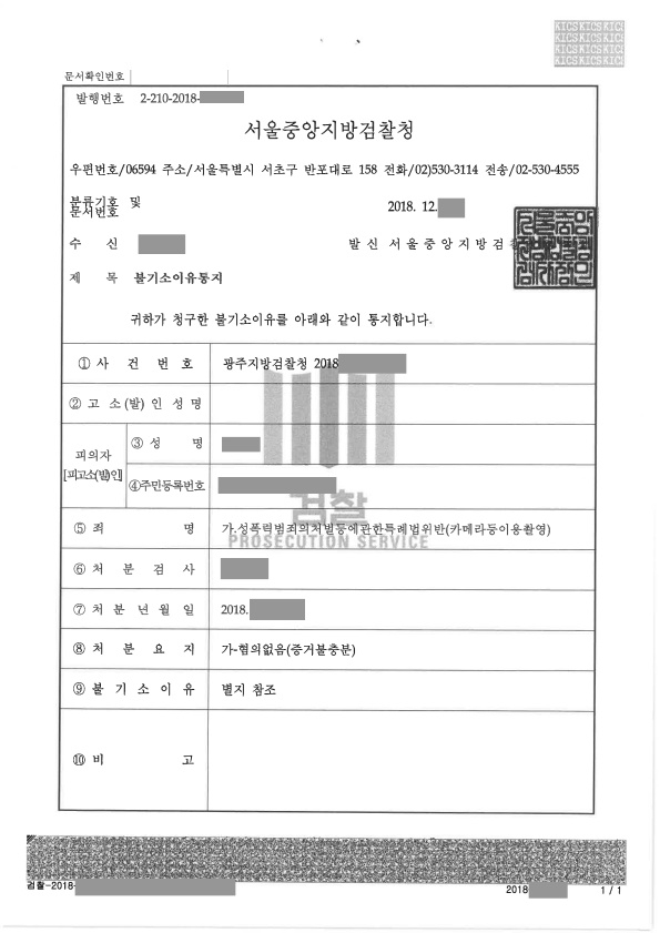  불기소처분(카메라등이용촬영으로 성폭력범죄의처벌등에관한특례법위반혐의)