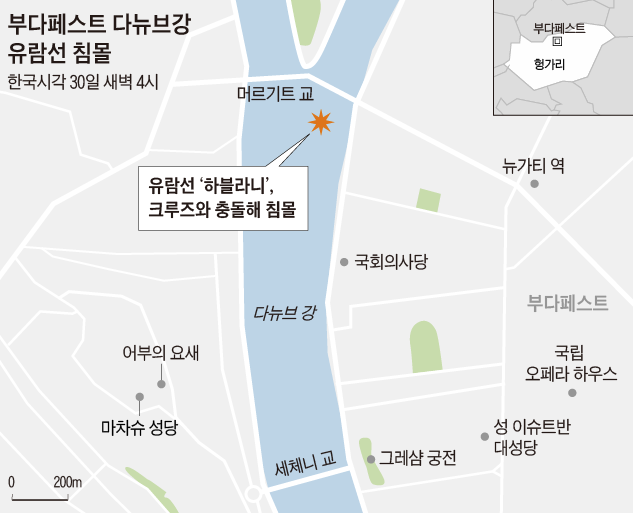 헝가리 유람선 침몰 - 사고지역/생존자명단/실종자