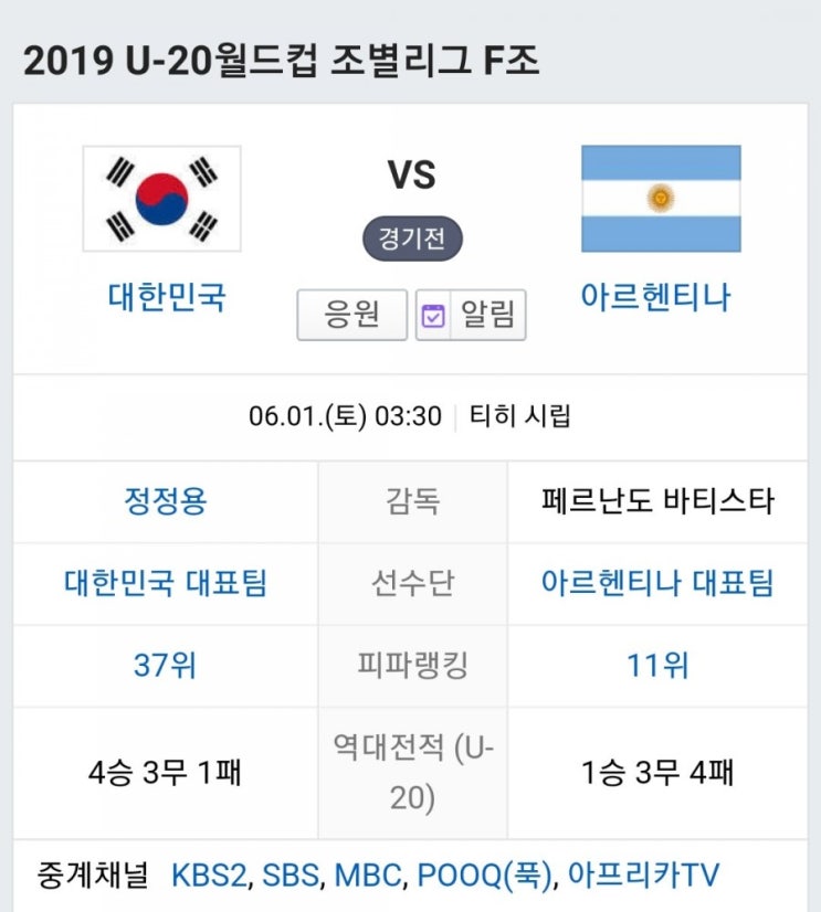  한국 아르헨티나 축구 경기 20세 이하 월드컵 2019 MBC KBS2 SBS TV 중계 해설 피파랭킹 16강 진출 경우의수 경기 예상 분석 결과 알아봐요~!!