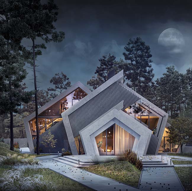 산악 기지 요새 형태의 오각형 첨단 경관주택 비쥬얼 뷰