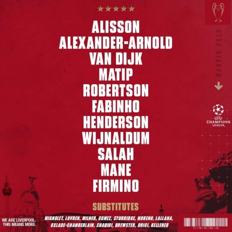  18-19 UCL 결승 리버풀 FC v 토트넘 홋스퍼 확정 라인업
