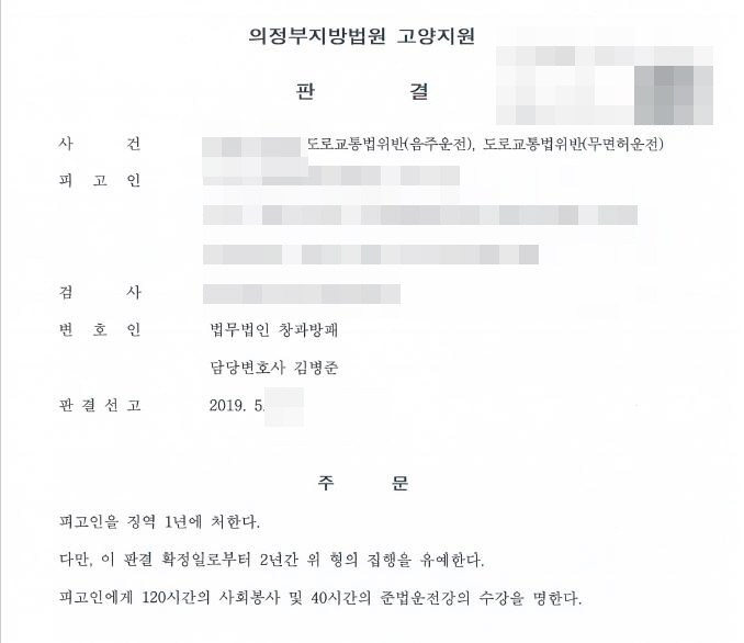  무면허1, 음주 4  징역형의 집행유예 선고 사례