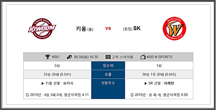  6월4일 키움 vs sk 야구분석