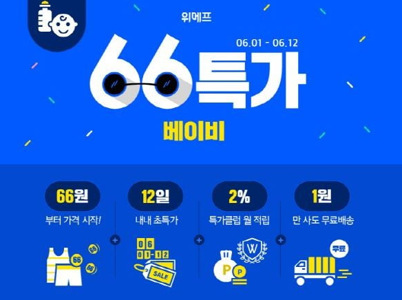  위메프 최대 2만 8,000원 할인 위메프 66특가로 키워봐 아기용품 40% 이벤트 하기스 기저귀 파스퇴르 위드맘 분유