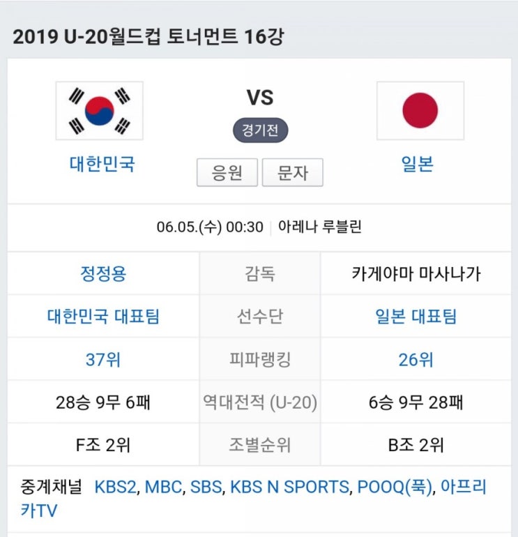 '2019 U-20 월드컵 토너먼트 16강 한일전'vs