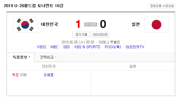  한일전, 오세훈 골! 1대0으로 이겼네