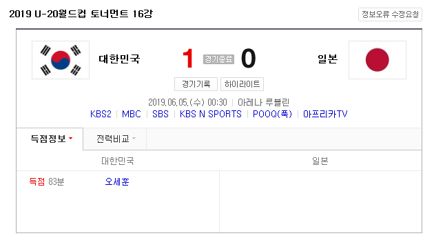 한일전, 오세훈 골! 1대0으로 이겼네
