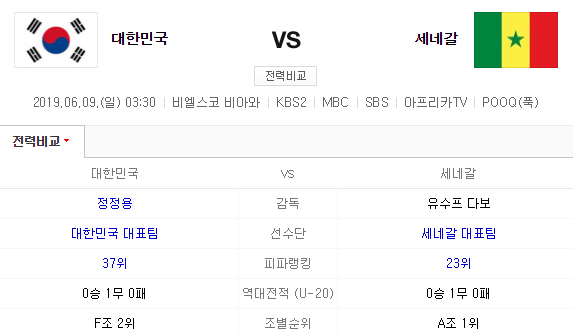  한국 세네갈 경기분석 6월 9일 20세이하 월드컵 중계