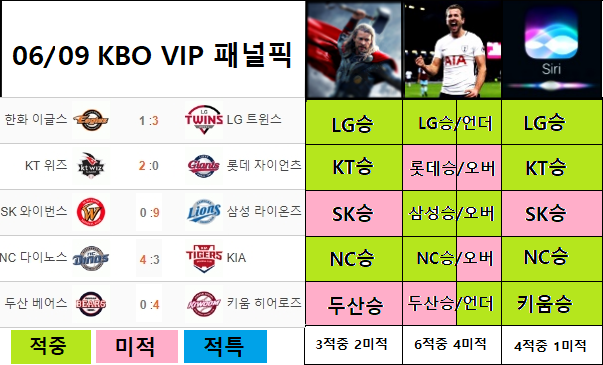 6월 9일 KBO VIP 패널 픽 적중률