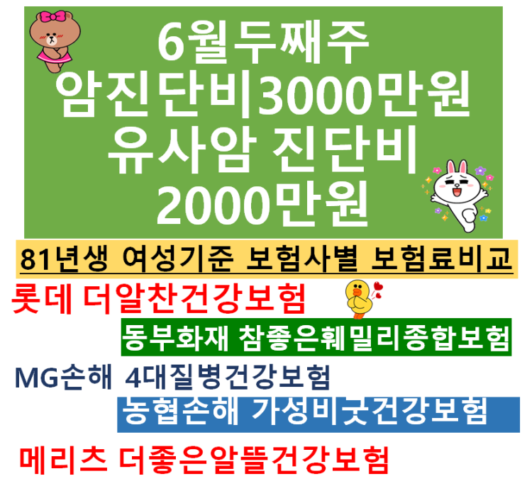  6월 암보험 81년생여성기준  보험사별 보험료알아보기(일반암 3000만원 유사암 2000만원)