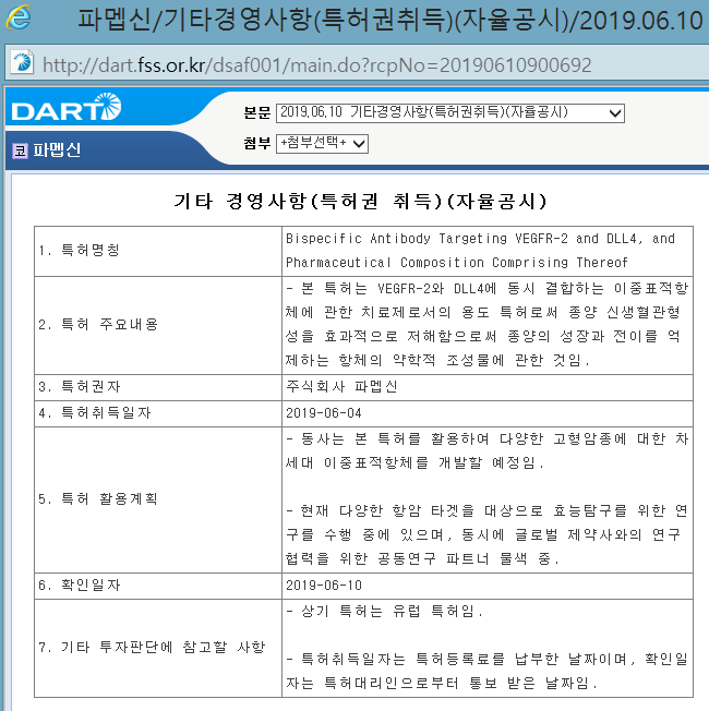 [제약, 바이오 - 파멥신(Pharmabcine)] 유럽특허취득 공시