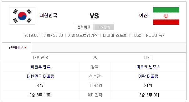  대한민국 vs 이란, 잠시후 20시에 A매치 치룬다!