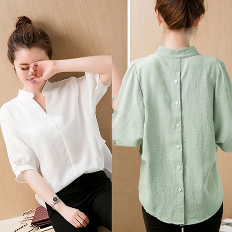  쿠팡 [16,000원] 백버튼 벌룬 슬리브 반팔 블라우스