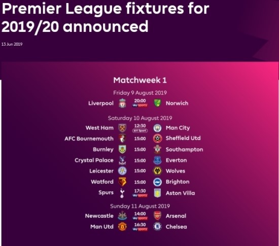  [오피셜] 리버풀vs노리치-맨유vs첼시 꿀잼 대결, 19/20 EPL 개막전 확정