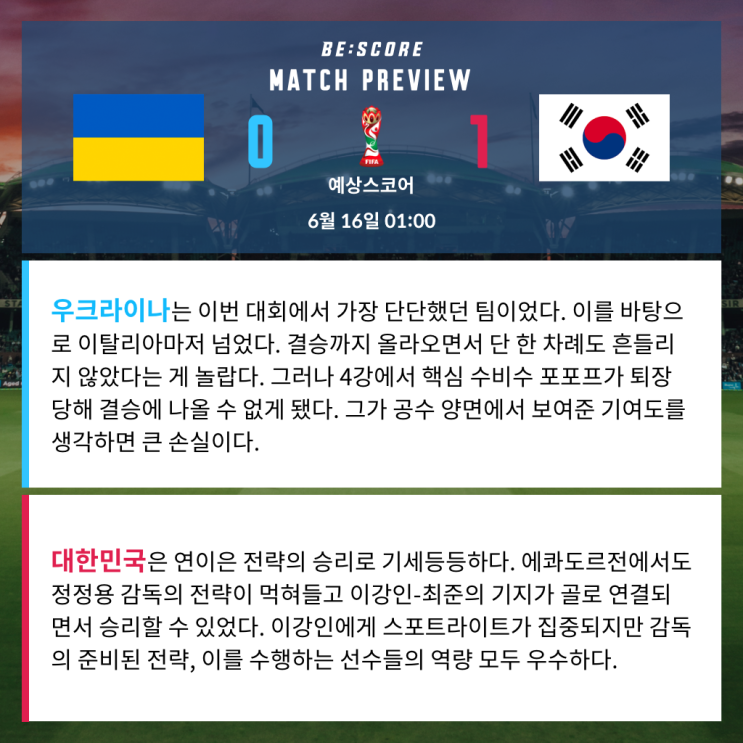  우크라이나 대한민국 6월 16일 U20월드컵 결승전 전문가분석 및 예상스코어 by 비스코어
