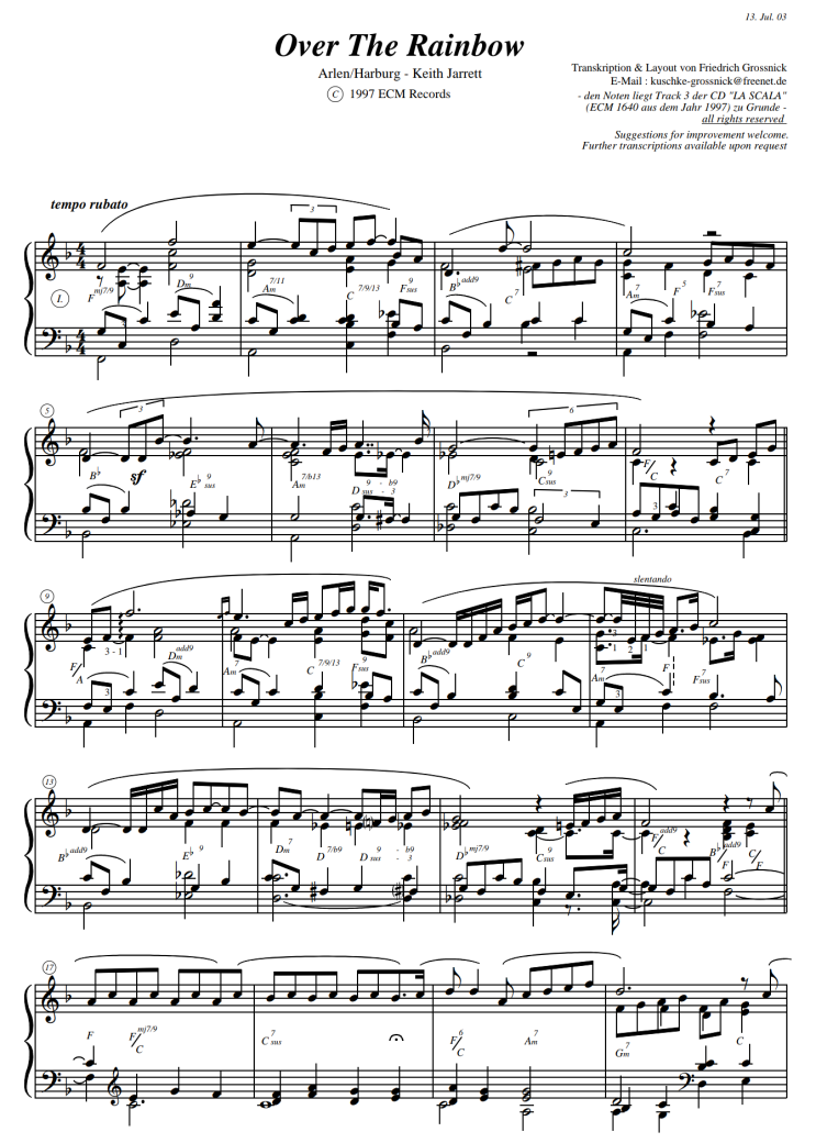 Over the Rainbow 피아노 악보, Keith Jarrett 연주 Over the Rainbow 피아노 악보, Keith Jarrett 연주