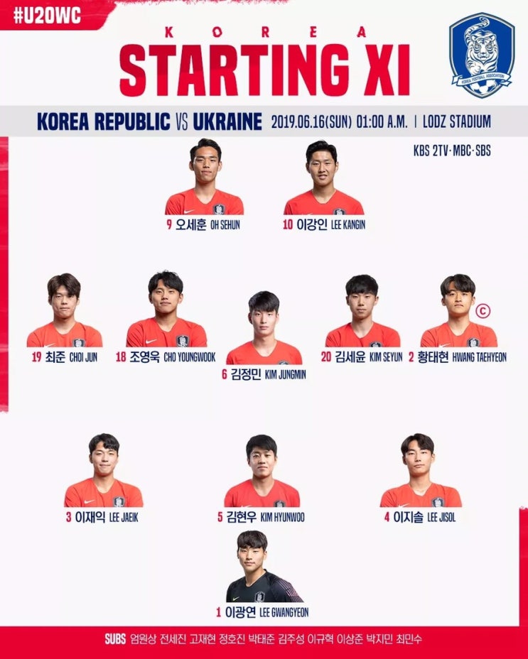  U20월트컵 결승 한국 VS 우크라이나 선발 라인업!!