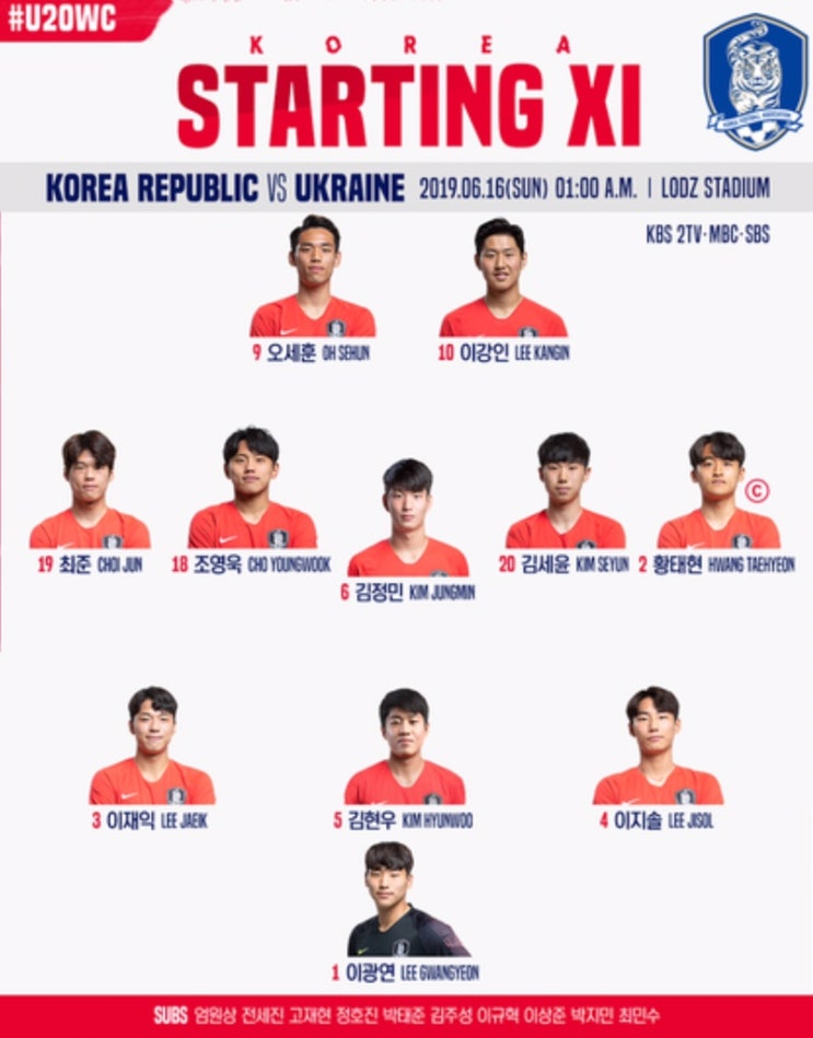  선발라인업 / U-20 결승전 선발 라인업 / FIFA 월드컵