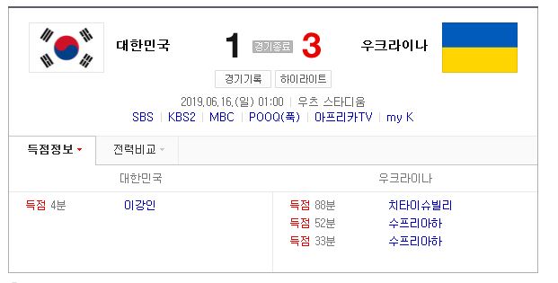 대한민국 우크라이나 축구결승 경기결과